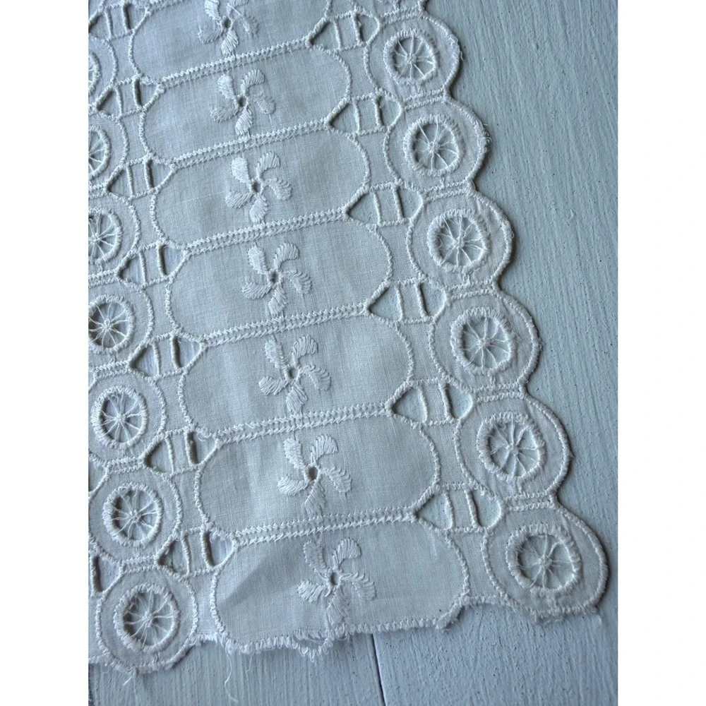 Vintage White Eyelet Lace Table Runner Embroidered Floral Cutout Rectangular